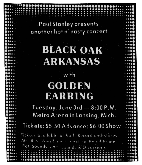 Black Oak Arkansas with Golden Earring show ad June 03, 1975 Lansing, Michigan